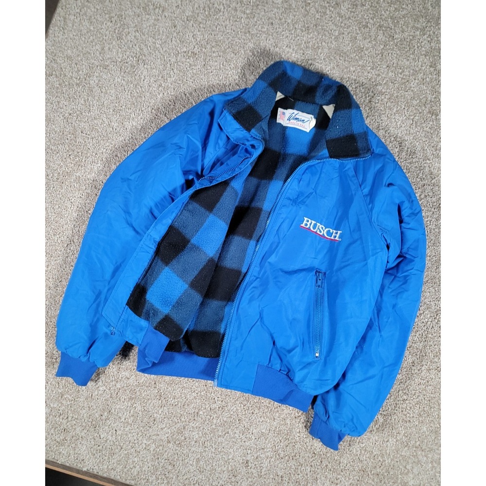 Vintage 90s Anheuser Busch Beer Bomber Varsity Jacket Medium Blue USA Made Plaid